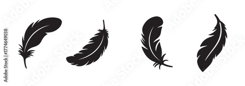 Black feather silhouette vector set. Different bird feathers icon collection. Bird feathers vector illustration, hand-drawn feather collection.