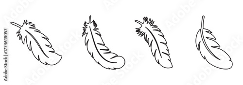Feather outline vector set, hand drawn bird feathers, boho decorative line art, minimalist nature design elements. vector illustration .