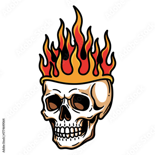 Skull with flames emanating from its head, rendered in a cartoon style.