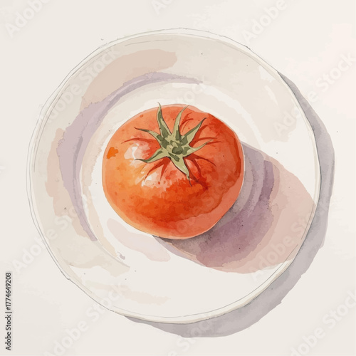Watercolor painting of a ripe tomato on a white plate.