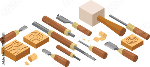 Isometric illustration of woodworking tools including chisels, mallet, and carved wooden blocks for craft, carpentry, and wood sculpture design