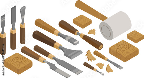 Isometric illustration of woodworking tools including chisels, mallet, and carved wooden blocks for craft, carpentry, and wood sculpture design