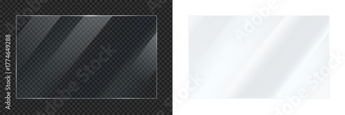 Realistic transparent glass plate panel texture with shiny glossy light glare reflective surface effect overlay on isolated background rectangle gradient window