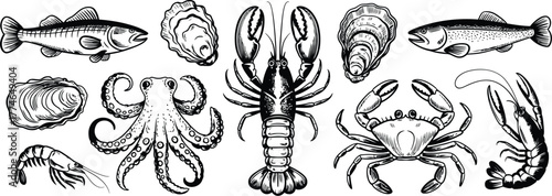 Seafood collection silhouette Bundle fish oyster