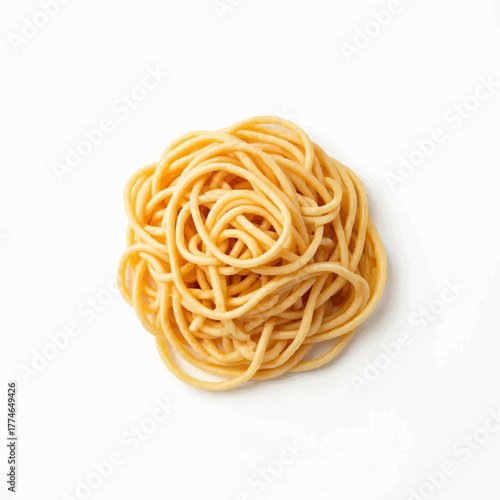A neat, tangled nest of cooked plain spaghetti pasta isolated on a clean white background, viewed from directly above.