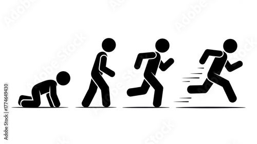 A minimalist black and white line art illustration showing human evolution from crawling to running, with four stick figure poses symbolizing motion, growth, and progress.