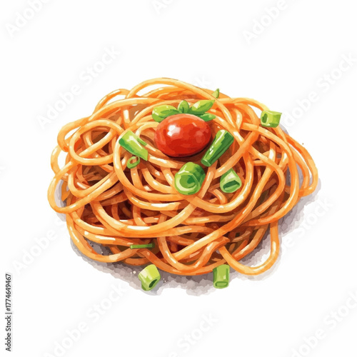 Illustration of a pile of spaghetti with tomato and green onions.