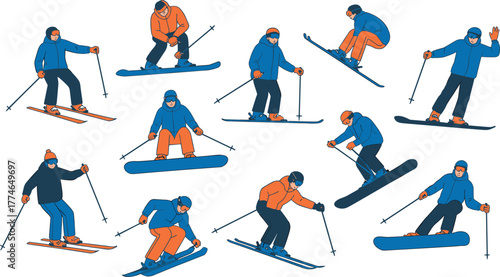 Stylized illustration of winter sports athletes skiing and snowboarding on snowy slopes wearing colorful gear, goggles, helmets, and winter jackets