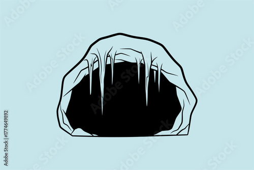 Illustration of a cave entrance with icicles hanging, set against a light blue background