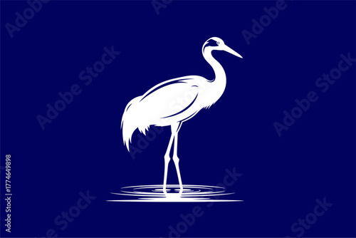 Elegant white crane standing gracefully in still water against a deep blue background, symbolizing tranquility