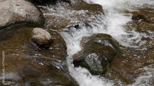 4K loop footage of a clear mountain stream gently flowing over smooth rocks in a natural setting. Captured in soft daylight with realistic motion, perfect for meditation, relaxation, or environmental 