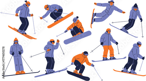 Stylized illustration of winter sports athletes skiing and snowboarding on snowy slopes wearing colorful gear, goggles, helmets, and winter jackets