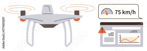 Flying quadcopter with visible rotors alongside speed gauge display, warning symbol, and performance analytics on web interface. Ideal for technology, AI, innovation, Quadcopter usage, safety, data