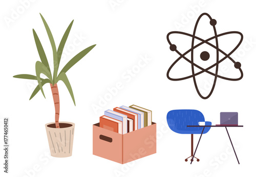 Desk with chair, laptop, potted plant, box of books, and atom model. Ideal for education, science, work research knowledge growth creativity productivity. Simple flat metaphor