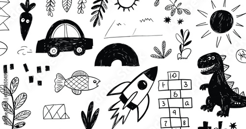 Dinosaur car rocket fish sun plants vector