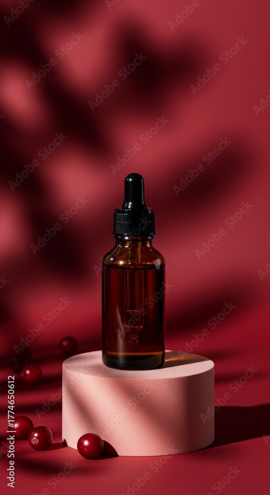 Naklejka premium Elegant presentation of natural beauty serum with cranberries on red background