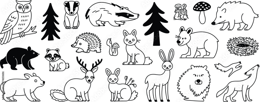 Obraz premium Woodland creatures and forest elements tree badger