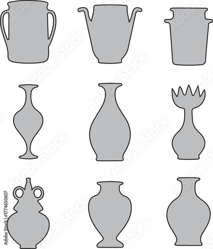 Collection of diverse ancient pottery and vase silhouettes