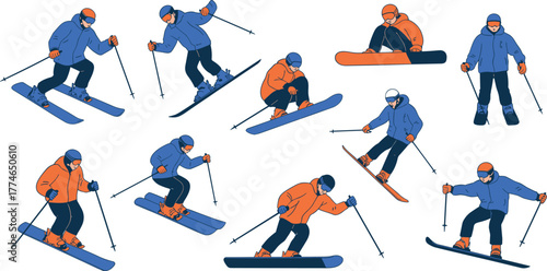 Stylized illustration of winter sports athletes skiing and snowboarding on snowy slopes wearing colorful gear, goggles, helmets, and winter jackets