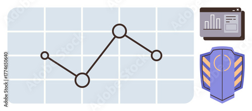 Line graph analytics on grid background, browser window with chart, security shield emblem. Ideal for data analysis, cybersecurity, protection, statistics, business growth, trends simple flat
