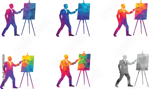 Businessman presenting strategy on canvas with polygonal abstract style, leadership training, creative planning, conference presentation, corporate success concept illustration