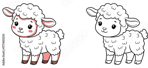 Adorable Cartoon Baby Lamb with Rosy Cheeks, Cute Fluffy Sheep Illustration.