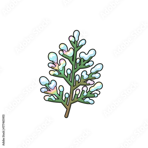 Holographic cedar sprig with frost on white background  