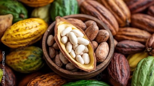 Fresh raw cocoa pods and beans in wooden bowl with harvested fruits