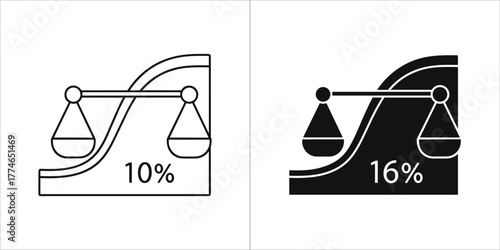 Balance scale icon showing percentage difference, 10 vs 16