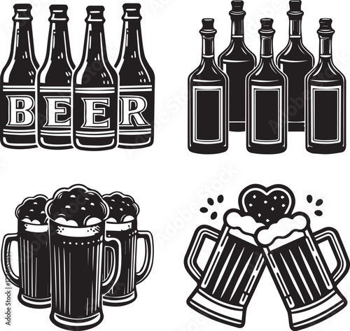 Vintage Beer Bottles and Mugs Illustration Set