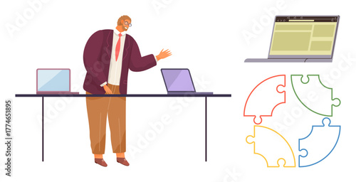 Person standing at a desk with laptops, gesturing in discussion. Nearby colorful puzzle pieces and browser window. Ideal for teamwork, strategy, creativity, tech solutions, brainstorming