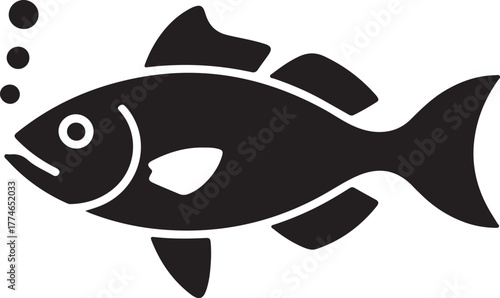 Black vector fish icon with bubbles swimming underwater isolated on a dark background