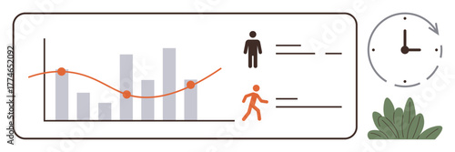 Bar graph with line chart, human figures, and clock beside a plant. Ideal for tracking, analytics, time management, project progress, productivity, business reports and simple flat metaphor