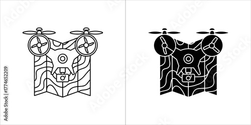 Drone with map icon, line and filled version