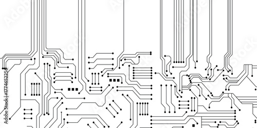 Abstract black circuit board technology connected lines electronics elements computer motherboard chip processor semiconductor digital on white background vector illustration
