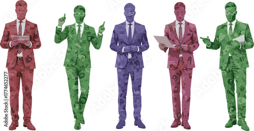 Businessmen silhouettes in colorful suits with pattern textures, professional corporate men standing and holding documents, teamwork concept vector illustration design