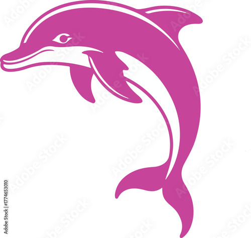 Pink dolphin vector graphic leaping gracefully with a vibrant magenta color scheme isolated on a dark background