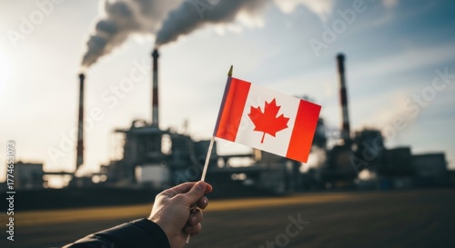 Hand holding Canadian flag against industrial smokestacks emitting smoke, symbolizing energy, economy, environmental impact & national identity.