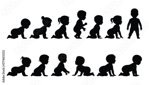 Baby Crawling Evolution Set Boy and Girl Silhouette Graphics for Nursery and Pediatric Design