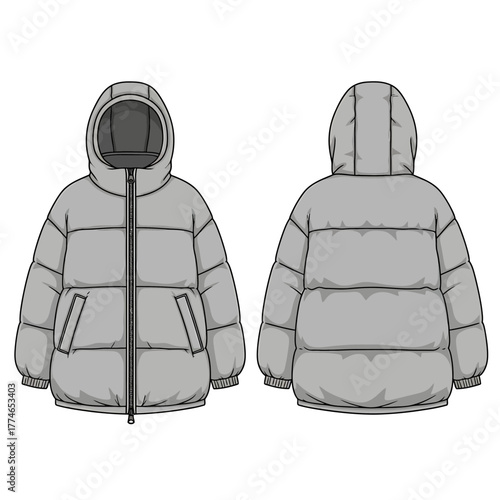 Front and back view illustration of a gray puffer jacket with hood.