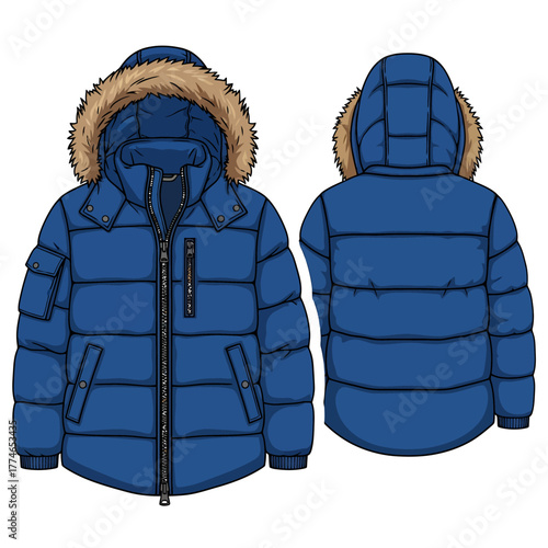 Illustration of a blue puffer jacket with a fur-trimmed hood, shown from the front and back.