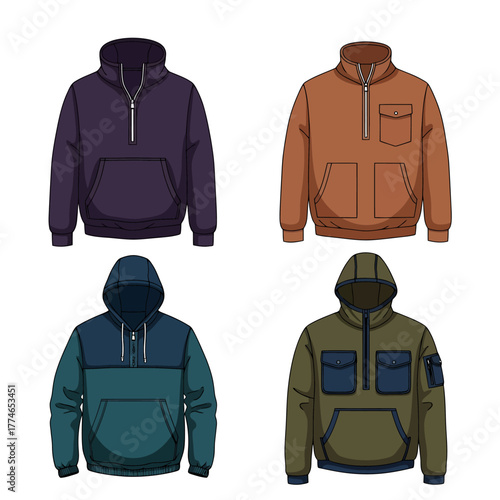 Illustration of four different pullover hoodies with varying colors, pockets, and zipper styles.