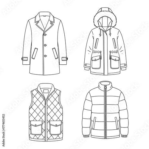 Illustration showcasing four different types of outerwear: a coat, a parka, a vest, and a puffer jacket.