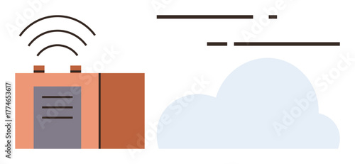 Building server emitting wireless signals connecting to a cloud network. Ideal for technology, communication, data storage, cloud computing, networking, IoT, and digital transformation. Minimal flat