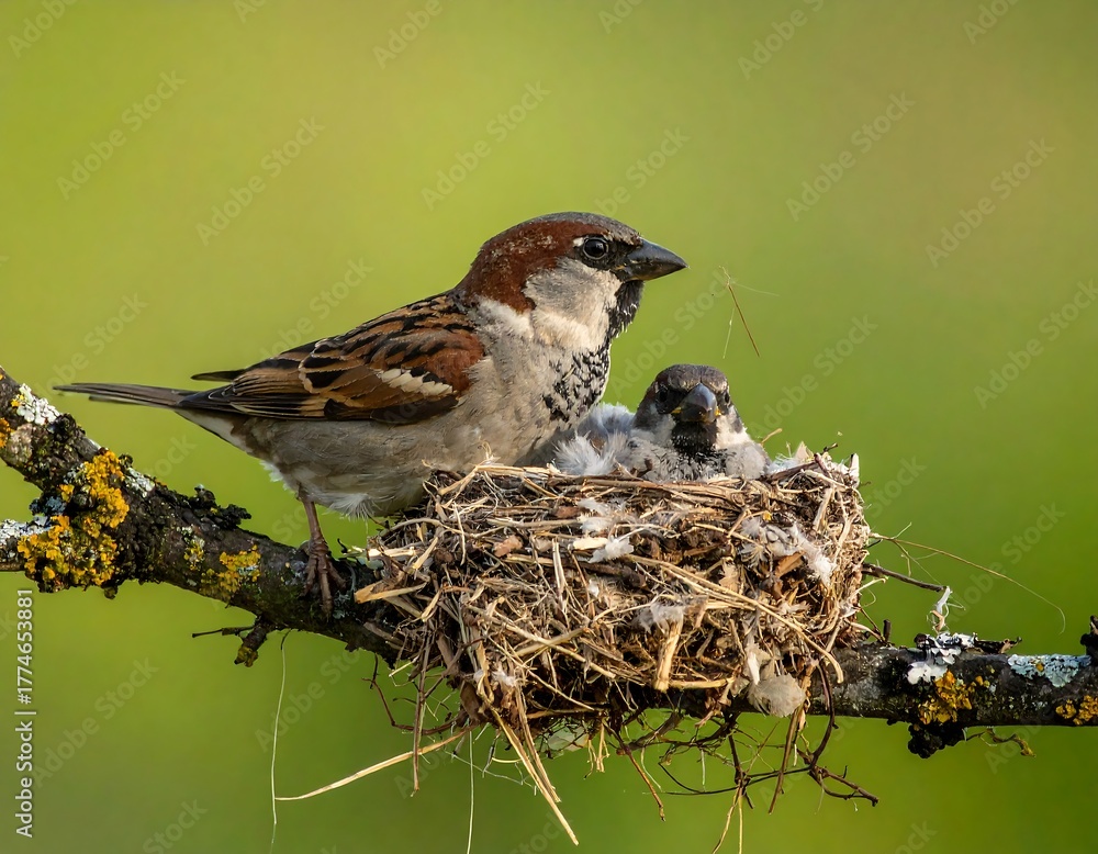 Fototapeta premium Adult sparrow perches by a nest with a chick on a lichen-covered branch, blurred background