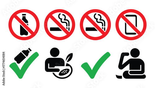 Prohibition and Allowed Signs Vector Set  No Smoking, No Mobile Phone, No Drinking Public Place Icons
