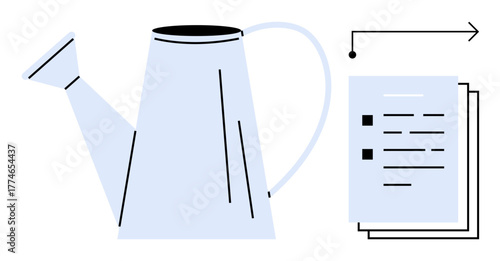 Watering can next to stacked documents and arrow symbolizing nurturing ideas, growth, and strategy. Ideal for productivity, business, education, planning, progress success sustainability. Simple