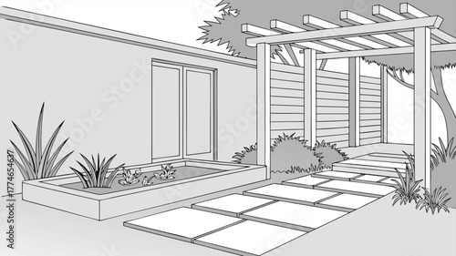 Modern Backyard Patio Landscape Design with Pergola Concrete Pavers Water Feature and Minimalist Architecture Line Art