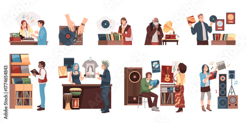 Vinyl records market visitors. Music lovers choose discs, people of different ages and subcultures in shop, vintage old melodies listening, customer and seller tidy vector cartoon flat set