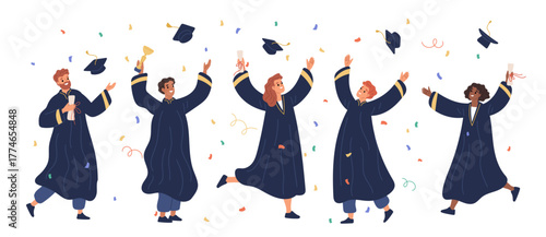 Tossing caps in air. Celebrating successful college completion, happy students in robes, university people have fun, men and women achievement goal garish vector cartoon isolated concept